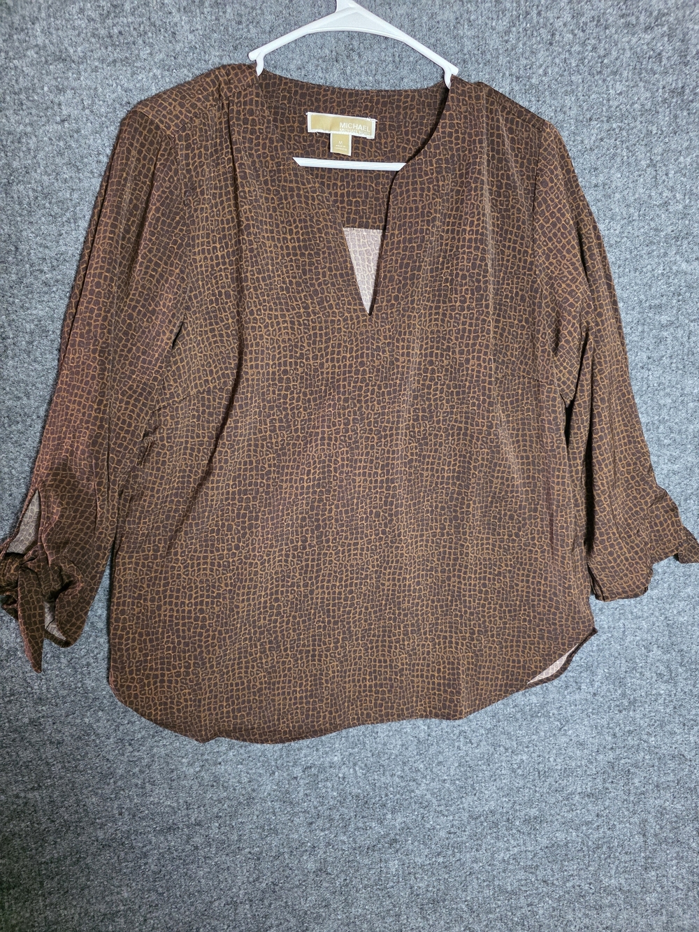 Michael Michael Kors Brown Croc Print Split Neck Blouse Tie Sleeve Size M